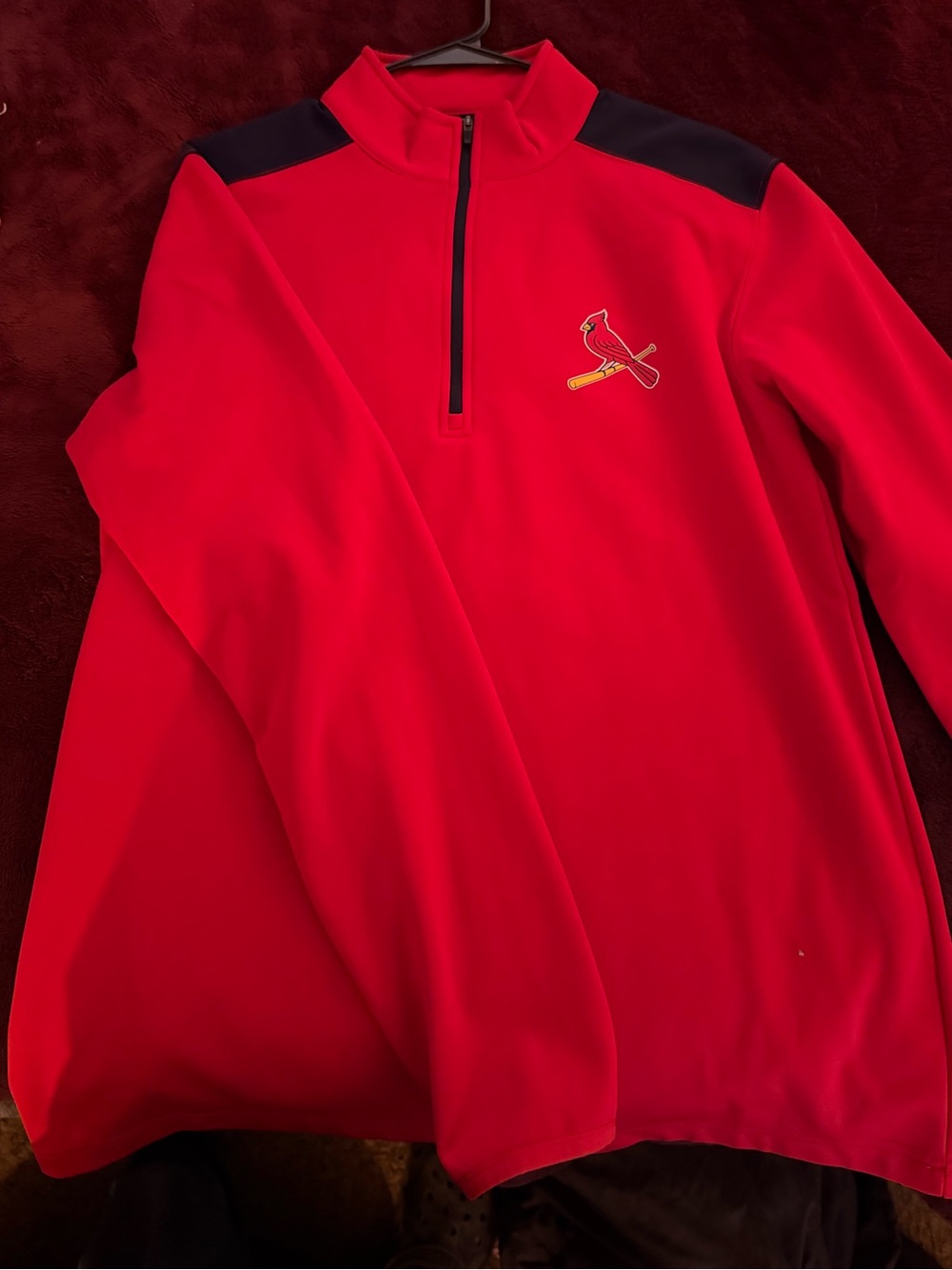 Genuine Merchandise Red Quarter-Zip Sweater with Navy Shoulder Accents